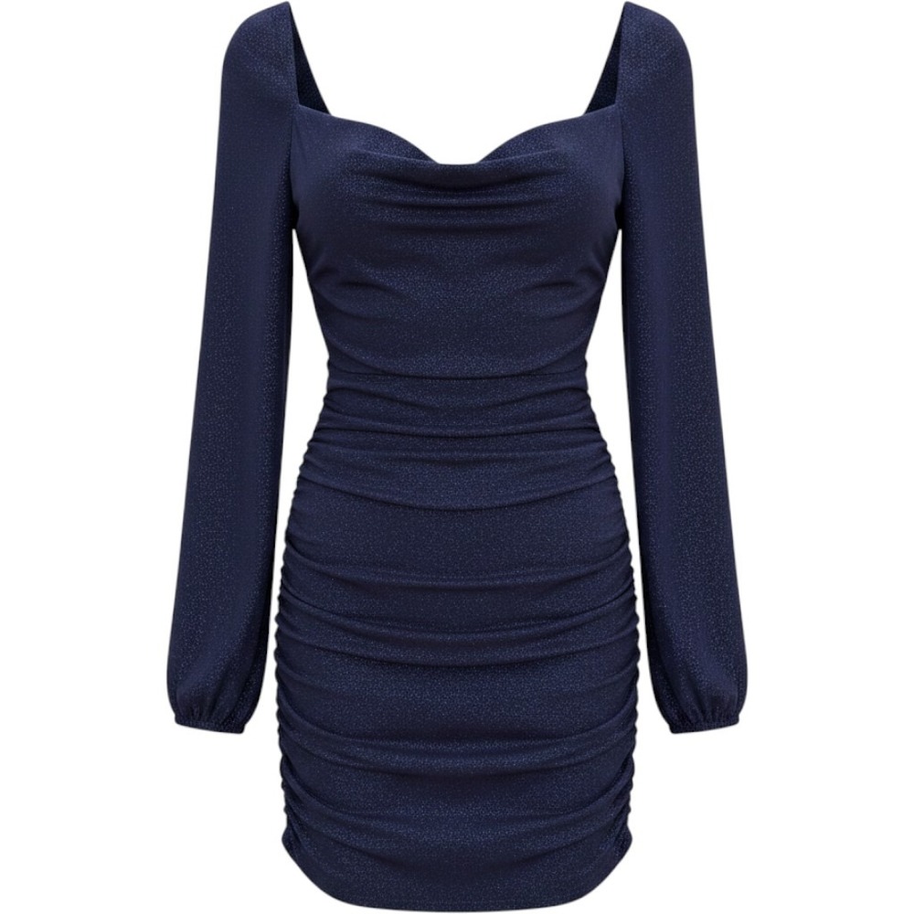 Lucy in the Sky Navy Blue Glitter Ruched Bodycon Mini Dress Long Sleeve Womens S